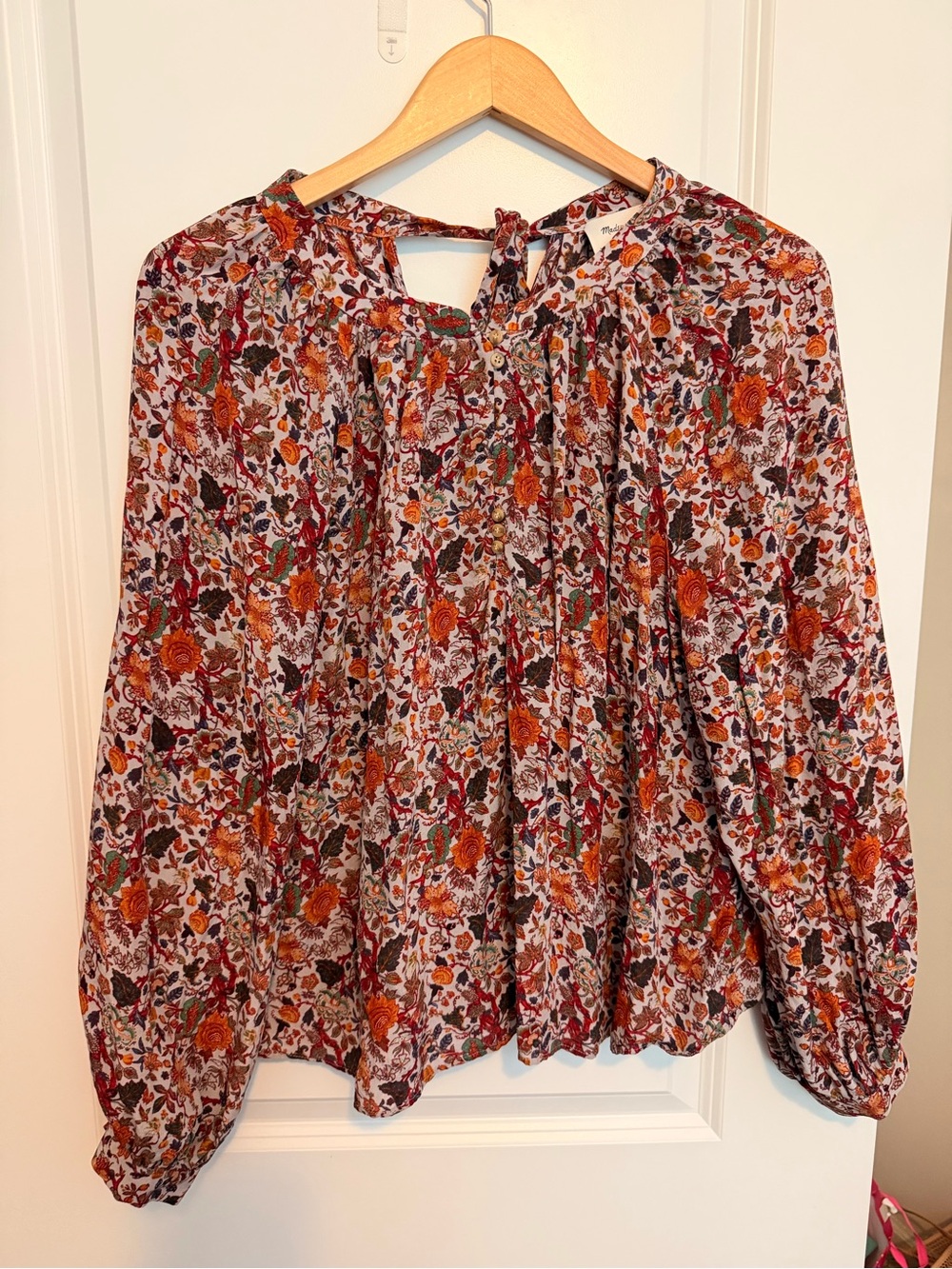 Madewell Rust Multi Floral Tie-Neck Peasant Blouse